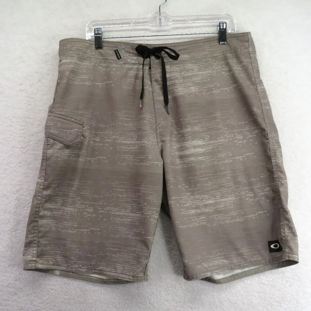 Oakley Swimsuit Mens Size 34 Beige Patterned Boardshorts Drawstring Waist Pocket
